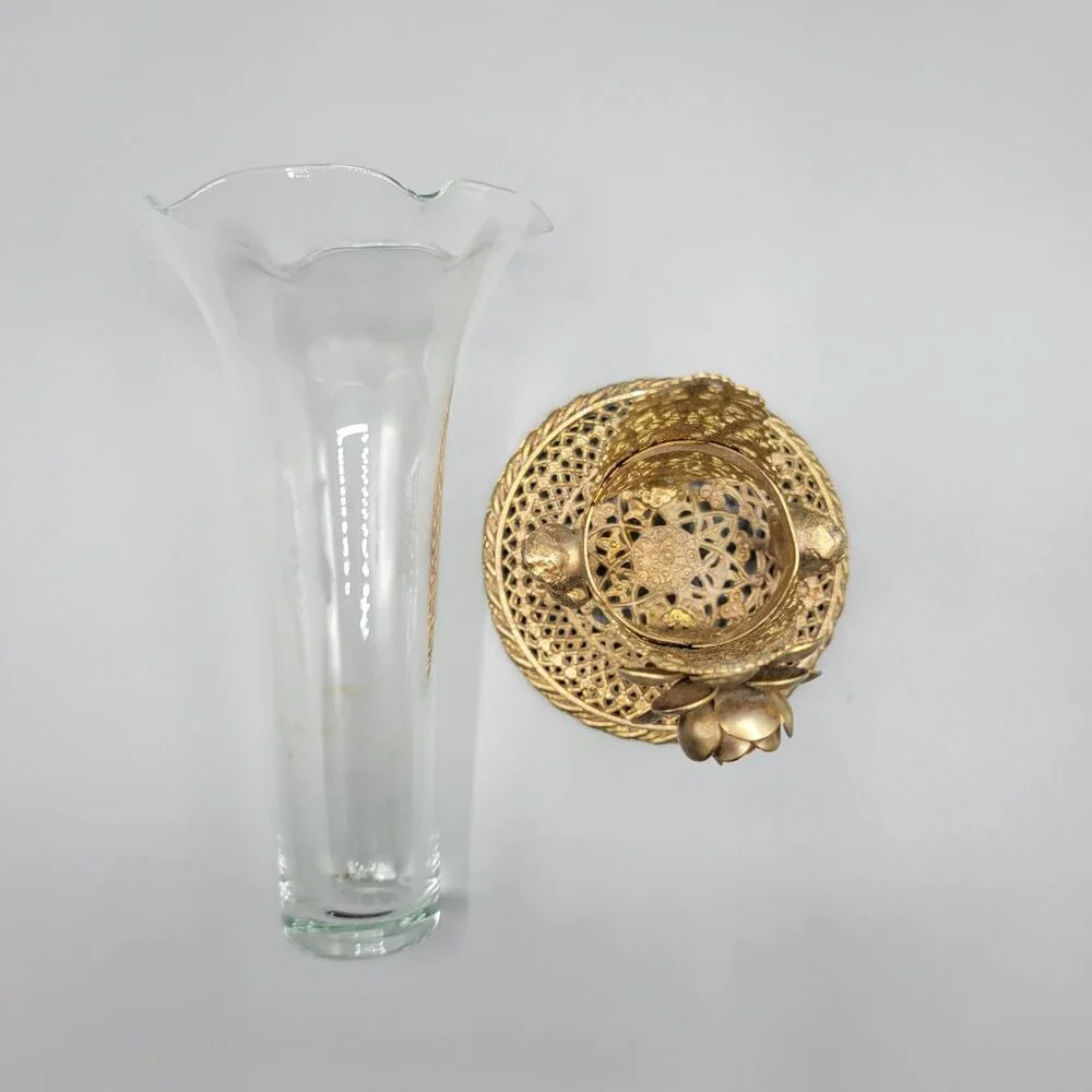 Antique Vintage Gold Brass Filigree Fluted Bud Vases Cherub Figural Design - Picture 15 of 16